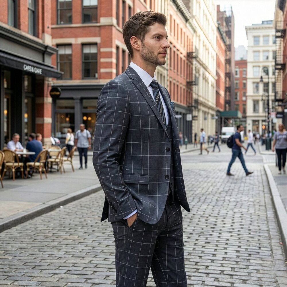 New 2026 Mens 3pc Windowpane Grey Suit Set, Hybrid Fit (H2) - Picture 2 of 3
